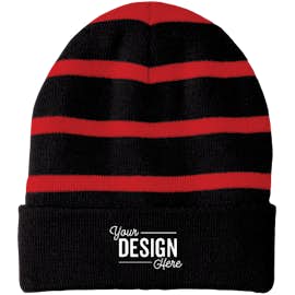 Sport-Tek Fleece Lined Striped Cuff Beanie - Color: Black / True Red