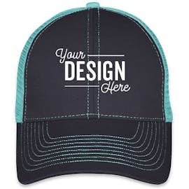 Mega Cap Contrast Stitch Trucker Hat - Color: Navy / Turquoise