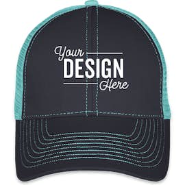Mega Cap Contrast Stitch Trucker Hat - Color: Navy / Turquoise