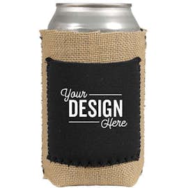 Burlap Can Cooler with Neoprene Pocket - Color: Black