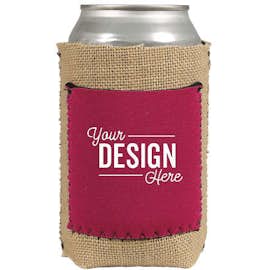 Burlap Can Cooler with Neoprene Pocket - Color: Garnet