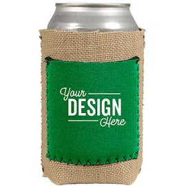 Burlap Can Cooler with Neoprene Pocket - Color: Emerald